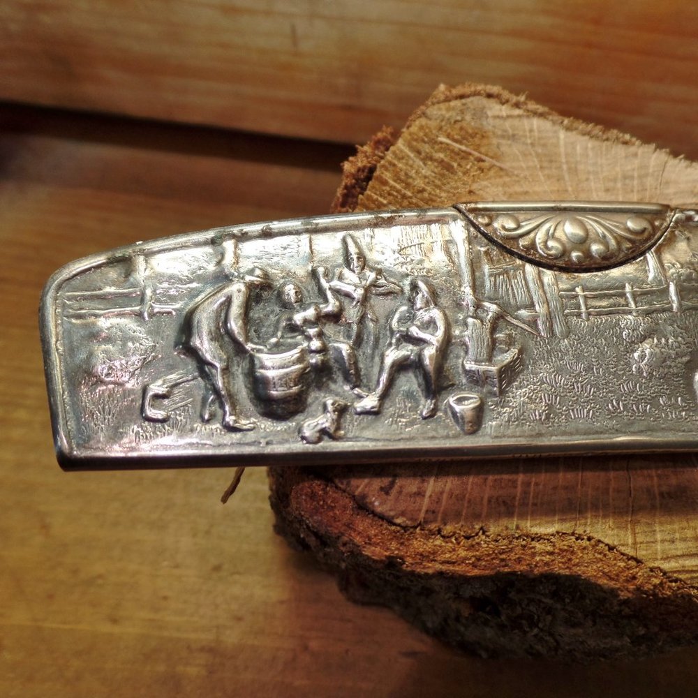 Vintage Repousse Comb and Holder Silver Plate Tavern Scene Denmark - Picture 3 of 12